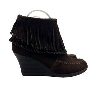 Minnetonka Fringe Wedge Booties Womens 5.5 Espresso Brown Suede Ankle Heel Boots